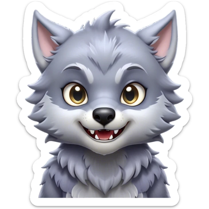 Cinematic Cute Werewolf Portrait Emoji, with a cuddly, miniature lupine form in soft moonlit grays and silvers, featuring oversized sparkling eyes and a sweet, endearing snarl, simplified yet irresistibly adorable, highly detailed with a gentle glowing outline that captures the playful, heartwarming essence of a little werewolf! sticker