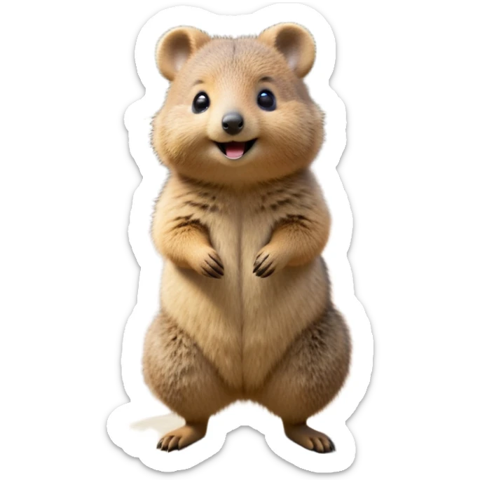 cinematic-quokka-realistic-full-body-standing on its hind legs hunched over-emoji,-small-round-frame-balanced-on-tiny-strong-hind-legs,giant fluffy cheeks large smile-fluffy-brown-fur-radiating-a-warm-softness,-big-round-eyes-filled-with-joy-and-innocence,-tiny-clawed-paws-held-close-to-chest,-cheerful-smile-exuding-endearing-happiness,-simplified-yet-realistic-focused-features,-highly-detailed,-glowing-with-a-sunny-warmth sticker