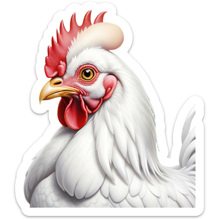 Cinematic Noble White Rooster Portrait Emoji, Poised and regal, with a robust, commanding build and a pristine, well-groomed pure white plumage, deep-set soulful piercing eyes, Simplified yet sharp and sophisticated features, highly detailed, glowing with a soft, dignified glow, high shine, intelligent and proud, stylized with an air of barnyard majesty, focused and attentive, soft glowing outline, capturing the essence of a watchful and confident leader, so majestic it feels as though it could crow out of the screen with effortless authority! sticker