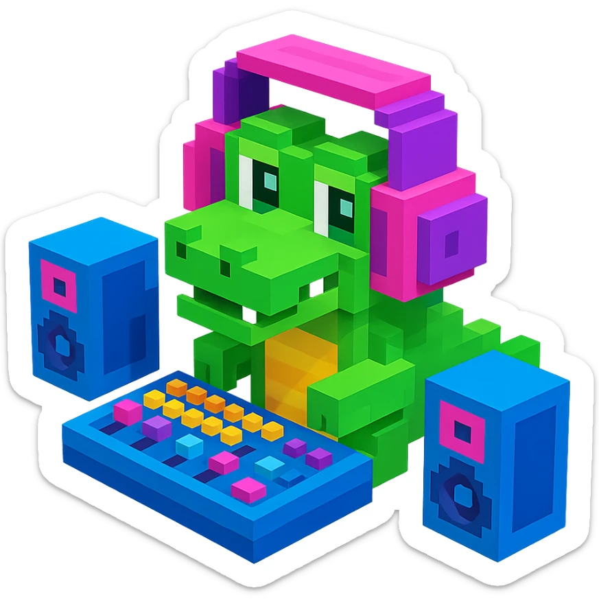 voxel style crocodile with large over-ear headphones in a music studio, isometric view, visible studio equipment like speakers and mixing desk sticker