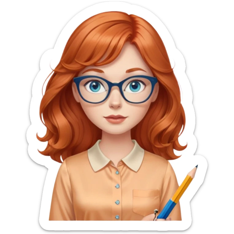 redheaded woman with very long wavy hair and bangs, blue eyes, clear cat-eye glasses, apricot silk blouse, pencil skirt, holding a pencil sticker