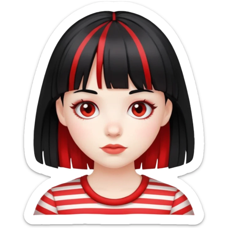 Pale girl, black hair with red striped hair and bangs sticker