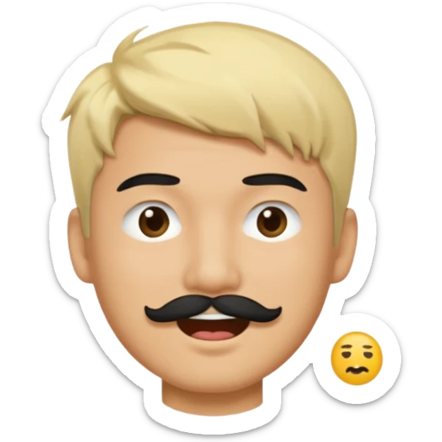 Asian man with a black mustache and short messy blond hair, emoji style, winking sticker