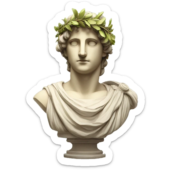 Emoji of an ancient young Greek statue, in VR headset, with a laurel wreath on head, DIGITAL UNIVERSITY sticker