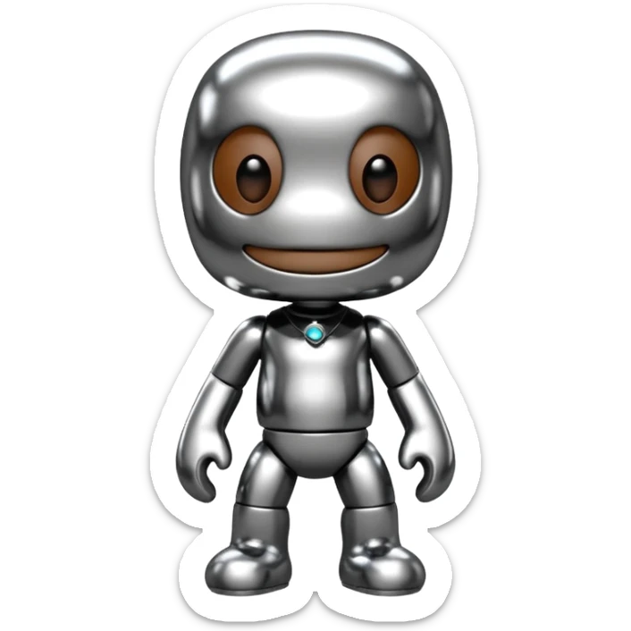 Turn this Sackboy character in the photo into 3D chrome metallic style, highly reflective and shiny, with realistic details sticker