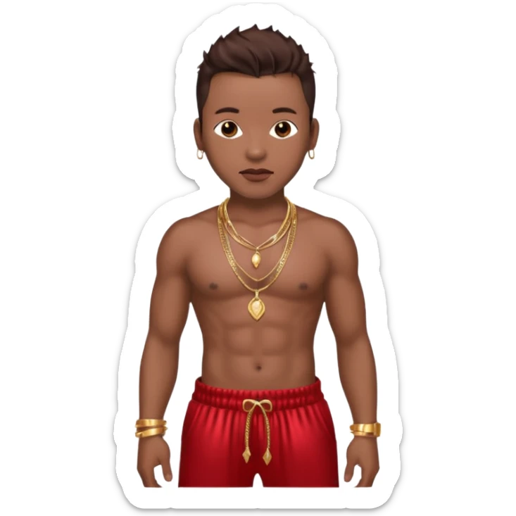 Bobby Brown, R&B Singer with dark brown hair, shirtless with necklace, metallic red harem pants  sticker