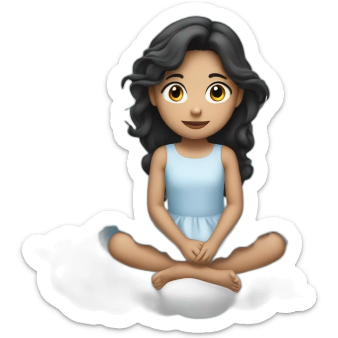 An 8-year-old girl, with light skin, long black hair, wearing a dress with clouds drawn on it, sitting on a cloud. sticker