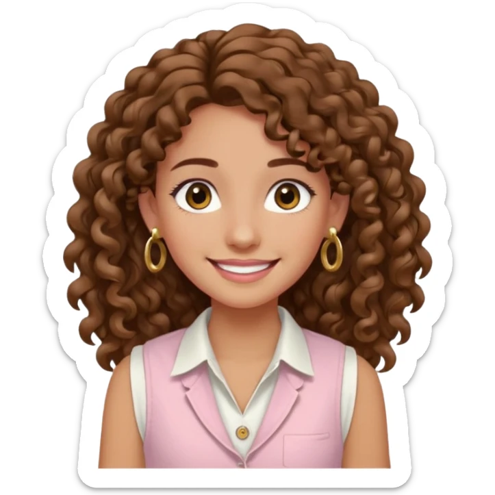 chica un poco morena (no demasiado), pelo rizado largo, sonriendo, con ojos grandes y marrones con camisa rosa palo y un chaleco blanco y aretes dorados en forma de circulo en sus orejas  sticker