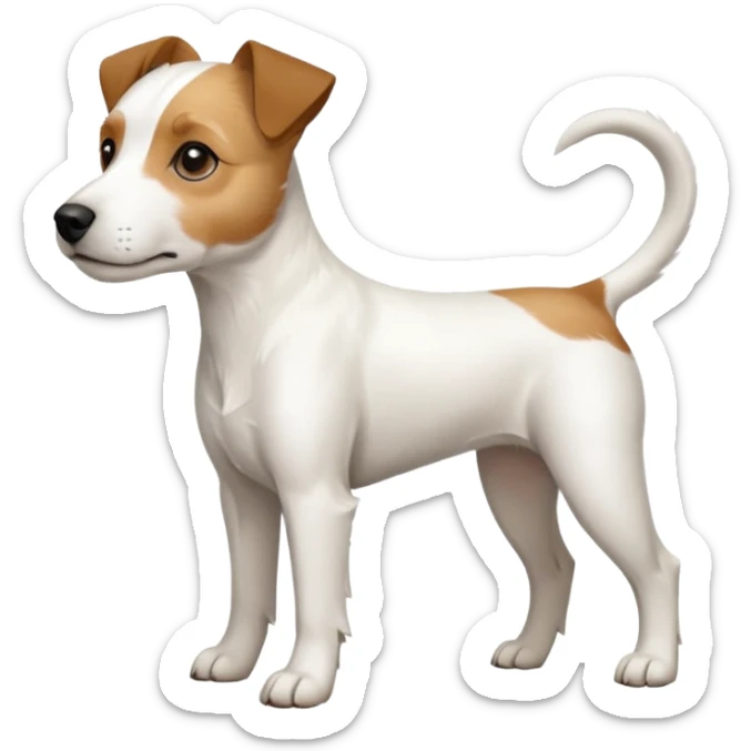 a full body white parson russell looking dog the size of a kelpie with light brown ears and a light brown patch on one eye and a large snout sticker