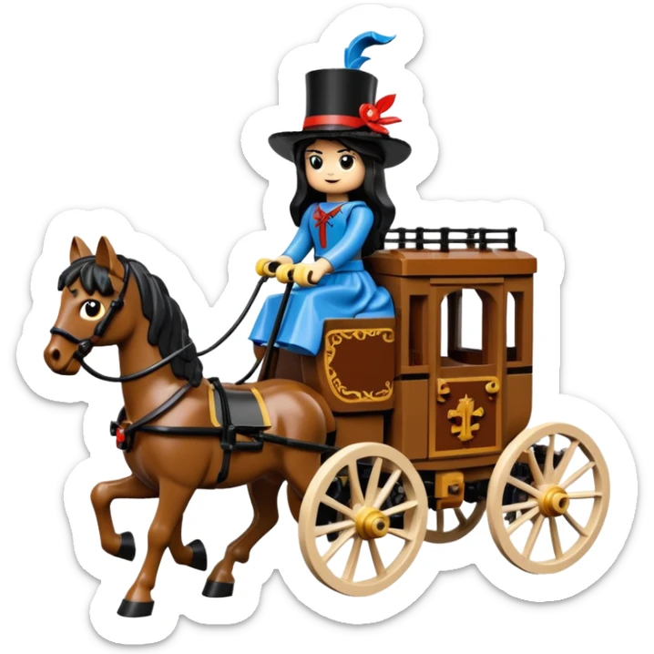  Rustic Lego antique wood detailed 1854 pretty dark-haired Catgirl driving a huge horse-drawn fancy French stagecoach Caravan on a bumpy scary ghost trail in the woods  sticker