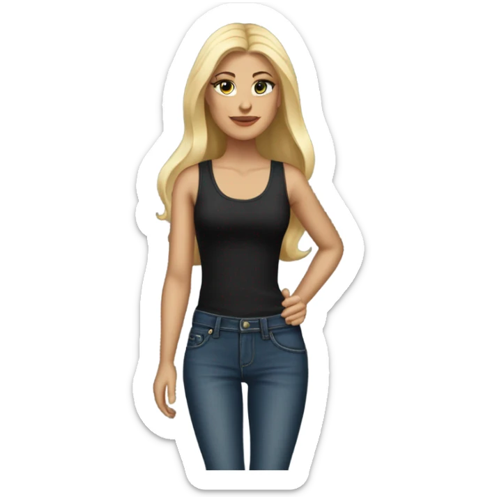 White female, blonde straight long hair, black tank top & jeans, red high heel pumps sticker
