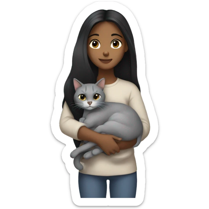 brownskin girl with long black hair cuddling her light gray cat sticker