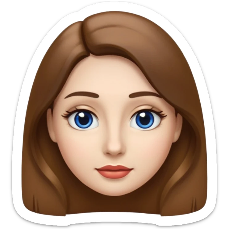woman's face in rounded glossy emoji style inspired by modern Apple IOS 18 emojis. White British skin tone, long brunette hair, gentle volume at the crown. almond shaped eyes with blue irises, black pupils, false upper eyelashes. Dark, slightly arched eyebrows. Nose small and rounded. Glossed lips. sticker