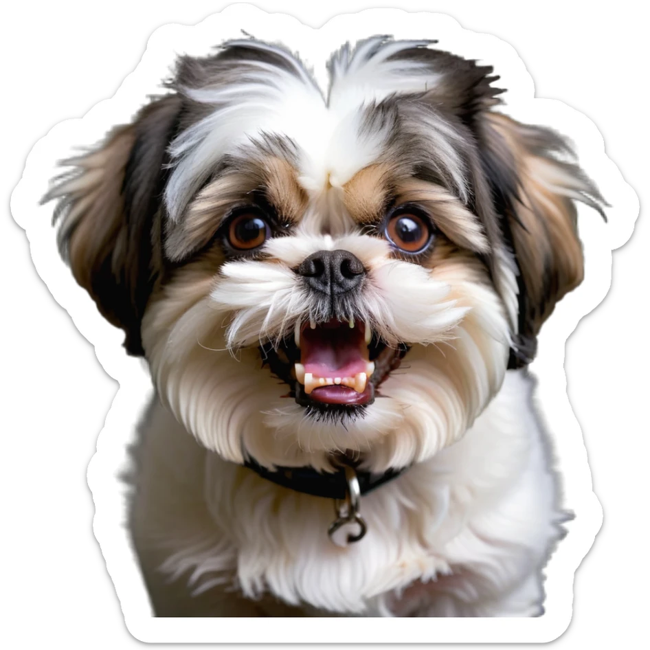 mad shih tzu dog baring teeth, fluffy fur, small dog with big eyes and angry expression sticker