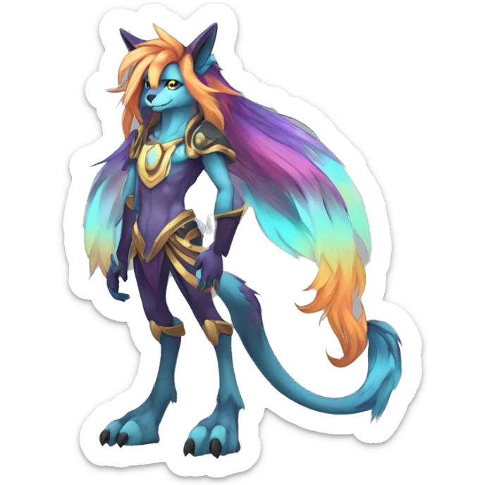 Anthro Sona Cool Edgy Legendary Colorful Shy Shiny Fakemon-Fantasy-Creature With Long Hair-Mane Full Body Detailed High Quality sticker