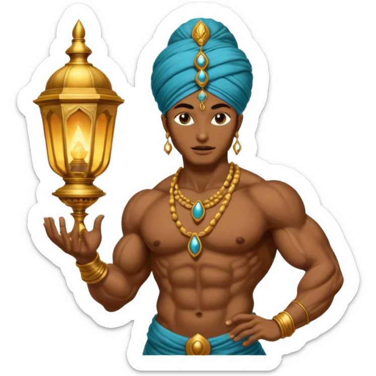 mystical fantasy illustration of a powerful jinn emerging from an ancient golden lamp.  sticker