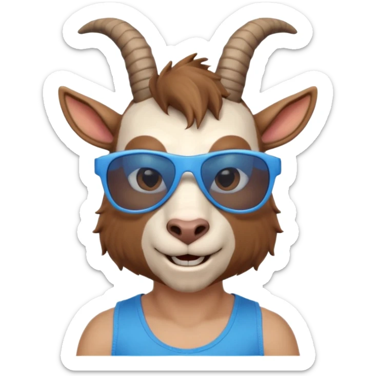 3D cartoon goat man portrait, head and shoulders, brown fur, small horns, blue reflective sunglasses, slight smile, tank top, soft lighting, centered, clean background, no text, no watermark
 sticker