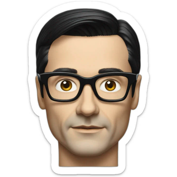 photo realistic Ralf Hutter from Kraftwerk, short straight black hair, black glasses, Tesla T-shirt sticker