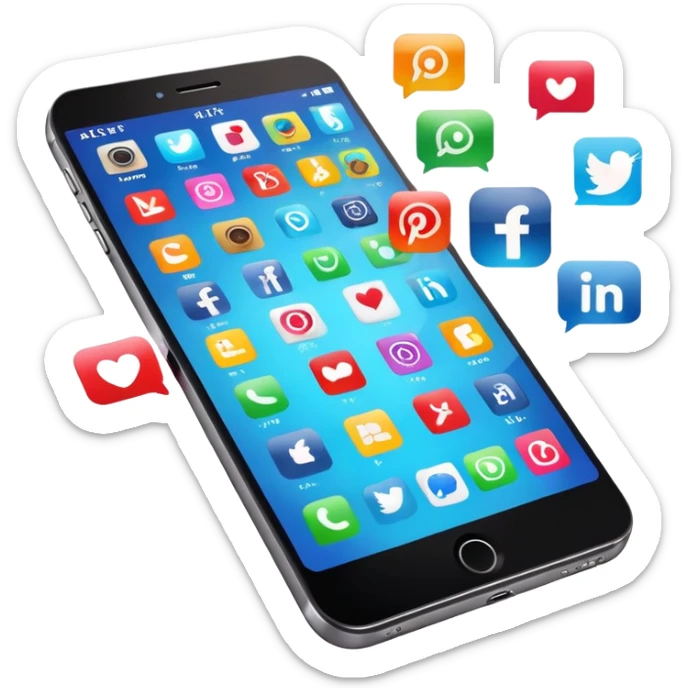 smartphone with social media icons popping out of the screen sticker