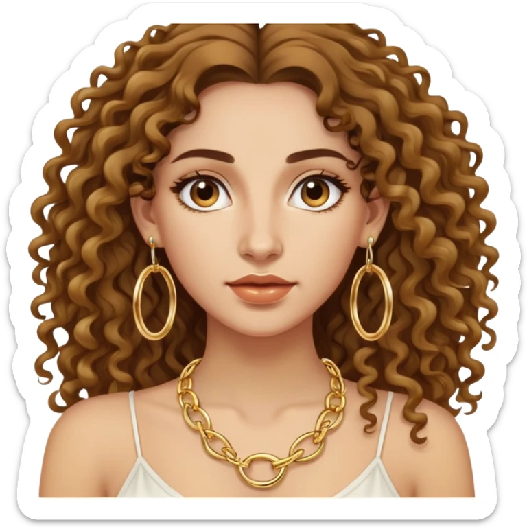 attractive Greek woman with long curly hair and light skin wearing gold hoop earrings and a gold necklace sticker