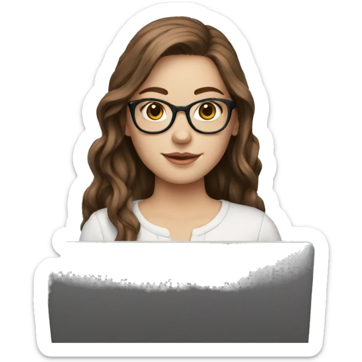 A white girl with long brown hair and glasses holds a laptop sticker