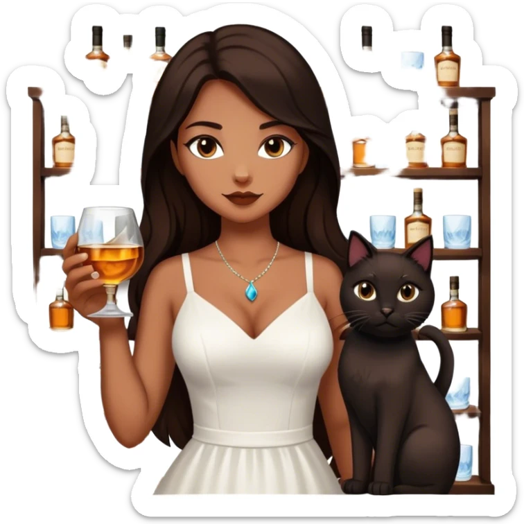 Beautiful woman in 1950’s woman fashion look, white dress, long dark brown hair, whisky with ice, black cat sticker