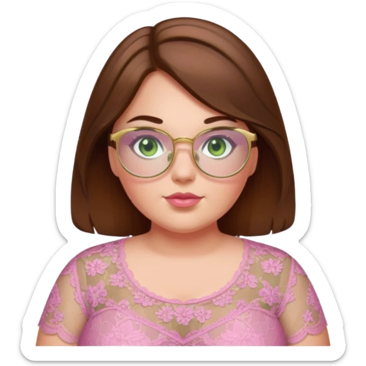 Baddie bratz girl with middle parted long wavy brown hair. green eyes. Plus size. pink lace top. Gold rimmed glasses sticker