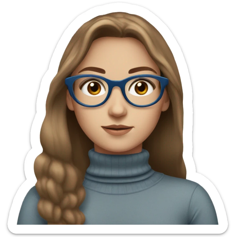 White girl wearing turtleneck with blue eyes, brown hair, and circle glasses sticker