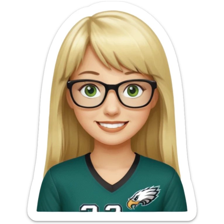 long blonde hair with bangs black glasses female green eyes football player wearing eagles jersey number 33 sticker