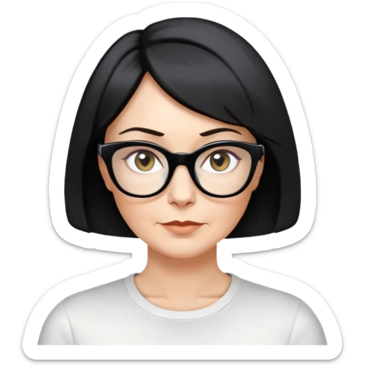 white woman about 50 years old with light warm skin, short black bob haircut to neck with slight waves at ends, neutral determined expression, large black shiny butterfly or cat-eye glasses, white casual t-shirt, calm and creative energy sticker