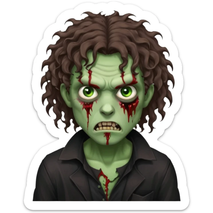 long curly haired male zombie with brown hair color and green eye color, with dark vampire clothes and angry face emotion sticker