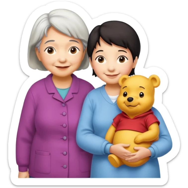 Human size of winne the Pooh and a Asian grandma next each other sticker