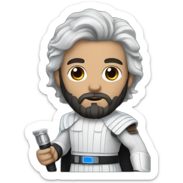 A white Portuguese with black and medium-length hair and a beard that holds a blue lightsaber sticker