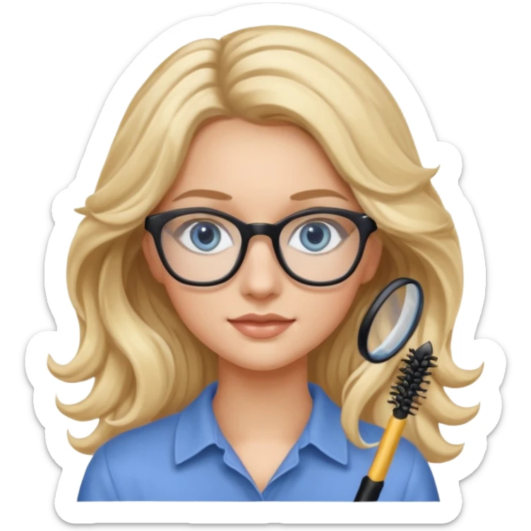 Fille 20ans qui a des cheveux long et blond et wavy avec des lunettes et des yeux bleu- gris avec du mascara sticker