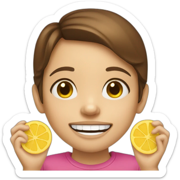 a girl with brown hair with two yellow crisps instead of her 2 front tooth sticker