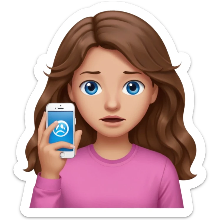 Girl wavy long brown hair, blue eyes, medium skin tone, pink shirt  giving the cringe face sticker