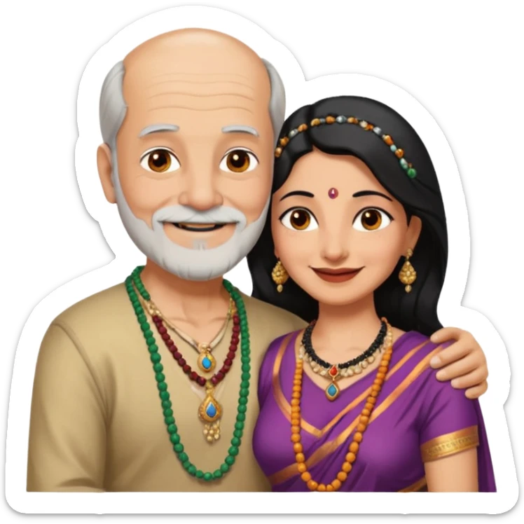 I want an old man with balding and grey beard and a woman in her 40s with dark black hair parted in indian woman style wearing a beads chain  with the cleavage of the woman visible in a passionate embrace. The man should have no jewellery, both must be blissfully smiling sticker