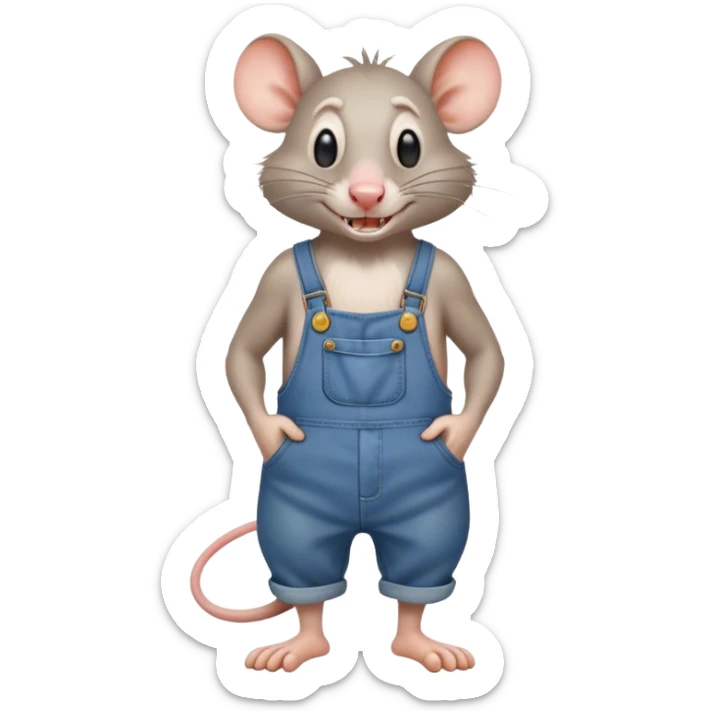 cartoon stupid drunk hillbilly rat wearing overalls no shirt. standing and talking full body. human eyes. teeth showing sticker