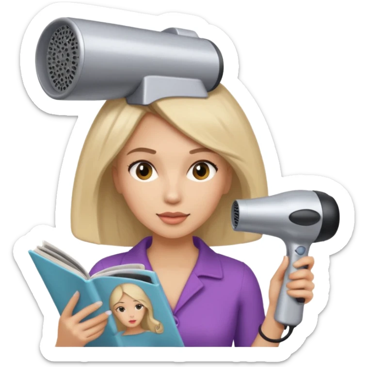 chica en la peluqueria con un secador en la cabeza y leyendo una revista sticker