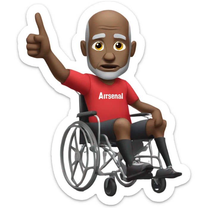 old black bald man with a round belly in wheelchair. angry face. grey stubble. he is pointing finger in front. wearing Arsenal soccer shirt. word bubble sticker