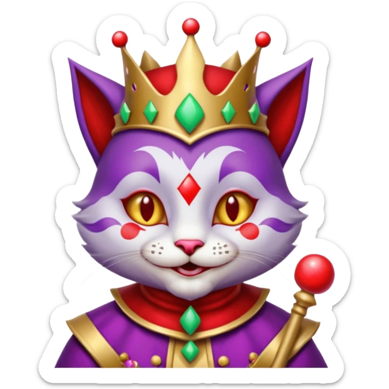crazy colorful cute little cat jolly joker from poker, medieval, vintage, court jester, mac os icon, purple and red color, silver inserts, half body sticker