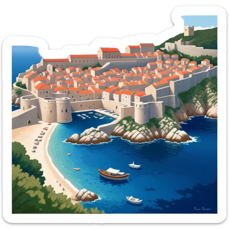 Dubrovnik – Cinematic Realistic Dubrovnik, depicted as a stunning coastal city with red-tiled roofs and ancient stone walls, set against the deep blue Adriatic Sea under warm Mediterranean light, rendered with rich textures that capture its enchanting beauty. sticker