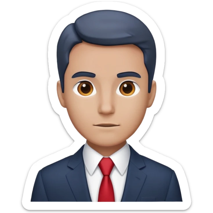 man wearing a dark blue-gray business suit with a white shirt and a red tie sticker