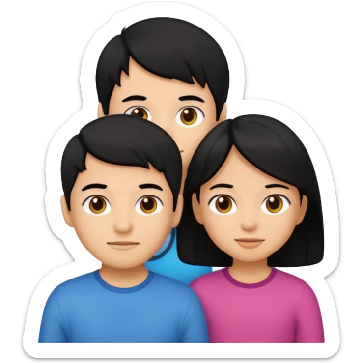 two kids, a boy and a girl, both with black hair, emoji style sticker