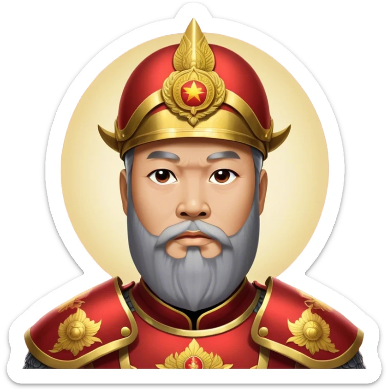 ​Cinematic Realistic Portrait of Trần Hưng Đạo, depicted as a revered Vietnamese general with his characteristic traditional Vietnamese beard and historic armor, his determined gaze illuminated by dramatic historical lighting that evokes his legendary martial spirit and leadership, sticker
