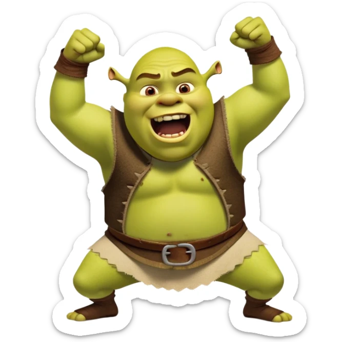 an emoji of famous dreamworks character, shrek, in a "let's fucking go" pose. mouth wide open yelling out of excitement. eye closed, exaggerated pose, fists clenched sticker