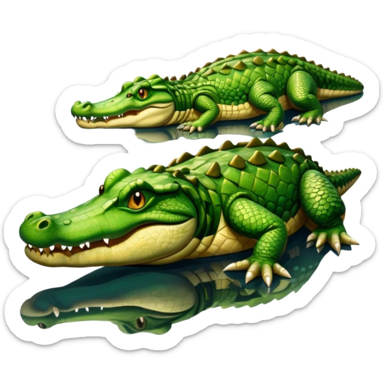 A large crocodile resting on a riverbank, part of its body in water, realistic scales and reflections, natural sunlight. sticker
