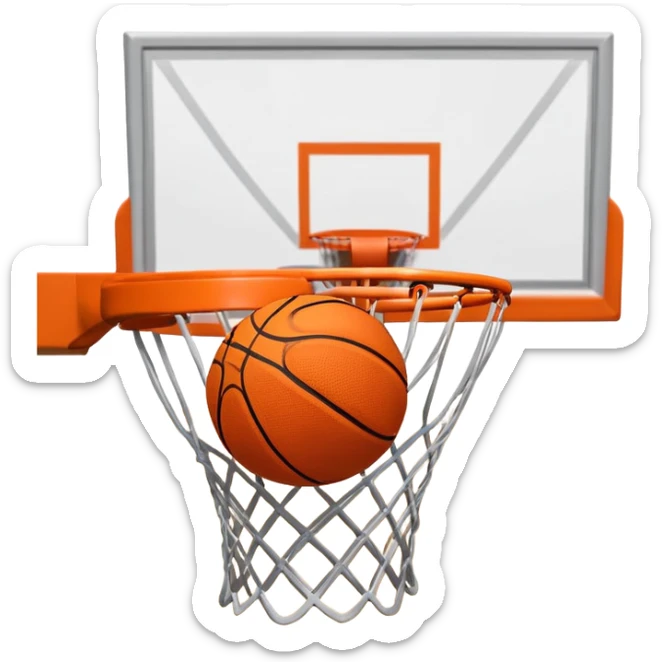 A close-up shot of a basketball entering the hoop, with the ball swishing through the net. The background features a blurred basketball court, emphasizing the perfect shot and the excitement of the game. sticker