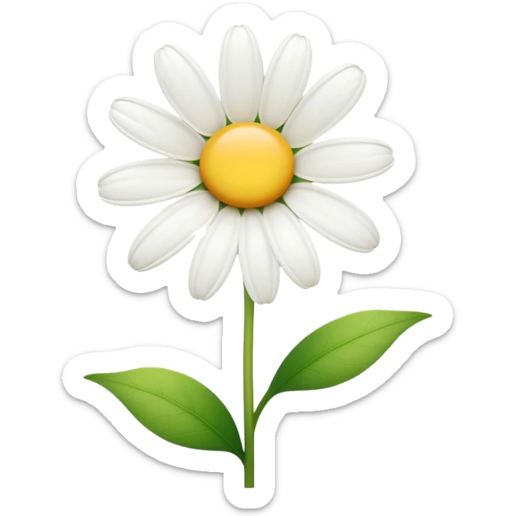 Cinematic Realistic Daisy Emoji, Cheerful and pure, with bright white petals surrounding a sunny yellow center, standing proudly atop a slender green stem. The soft, vibrant petals seem to radiate positivity, while a few green leaves frame the delicate flower. Soft glowing outline, capturing the essence of simplicity, innocence, and happiness in a single daisy. sticker