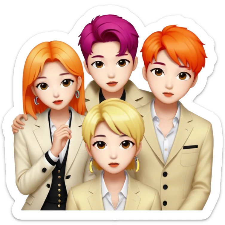 Cinematic Realistic BTS Portrait Emoji, depicted as a dynamic energetic portrayal of the global K-pop group with stylish modern attire and vibrant expressions, rendered with rich textures and bold contemporary lighting that captures their youthful charisma. sticker